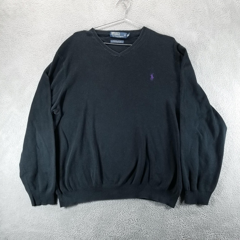 Polo Ralph Lauren Sweater Mens 2XL Black V Neck Pima Cotton Knit Pullover